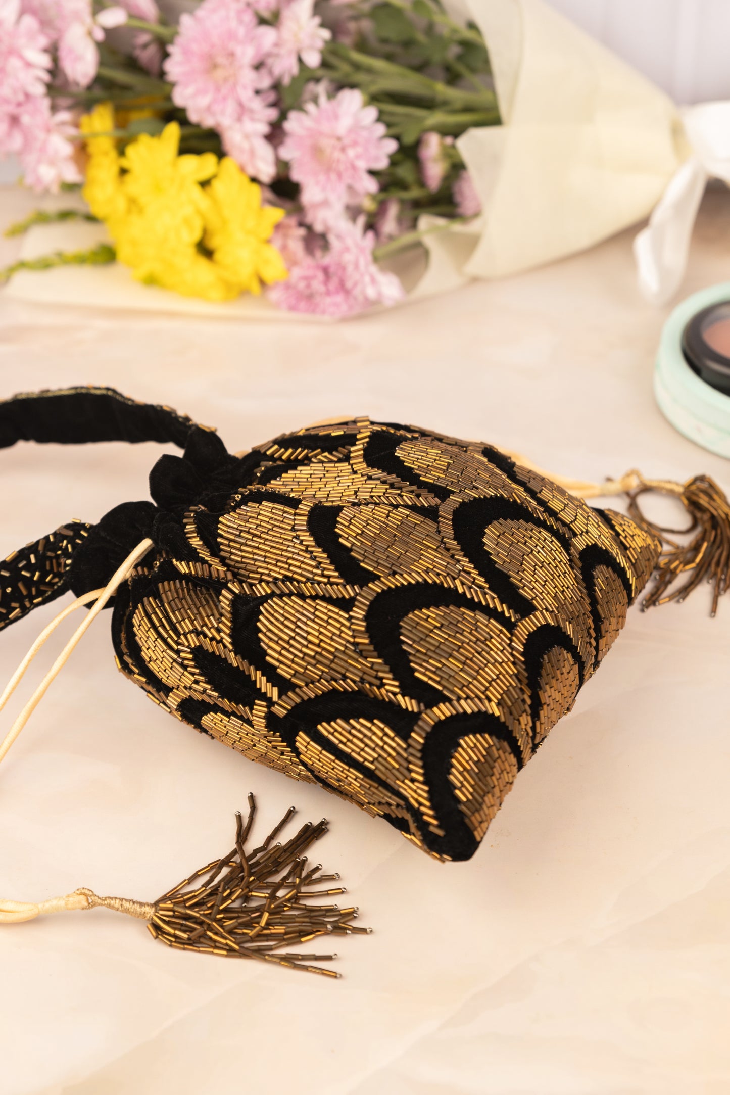 Midnight Glow- Velvet Potli Bag- Black Embroidered