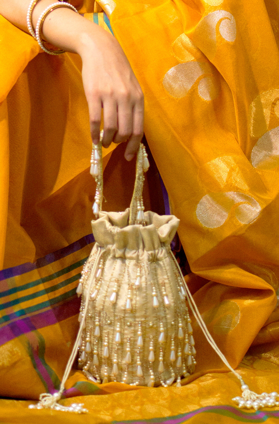 Ivory Pearl Drop Crystal-Embellished Bucket Bag