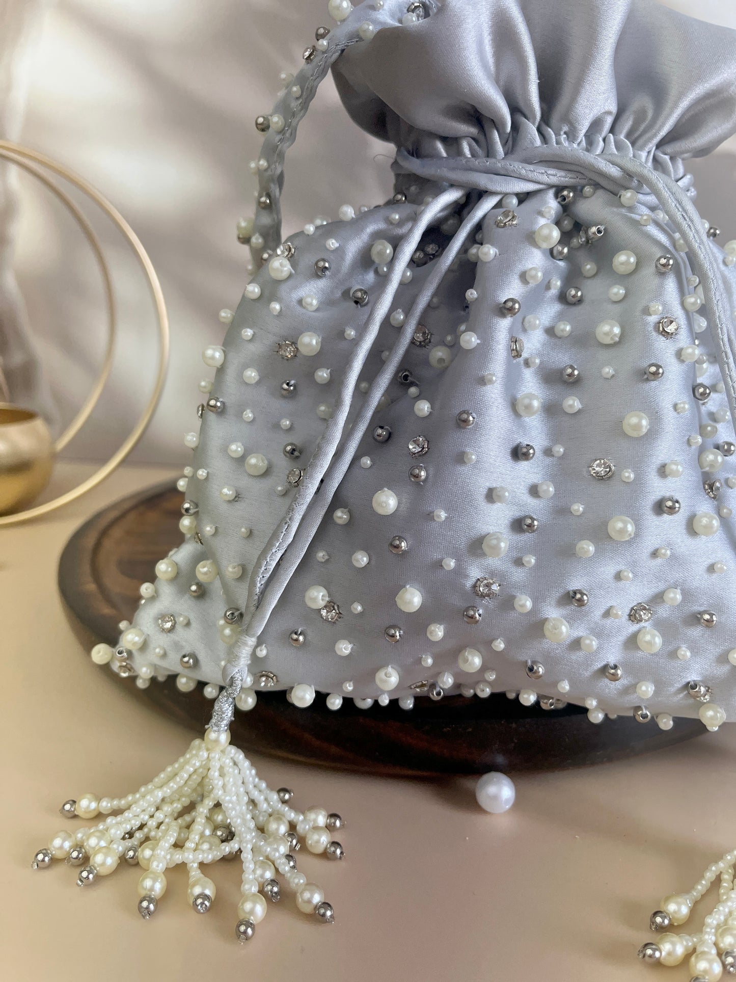 Mukta Silver Pearl Potli Bag