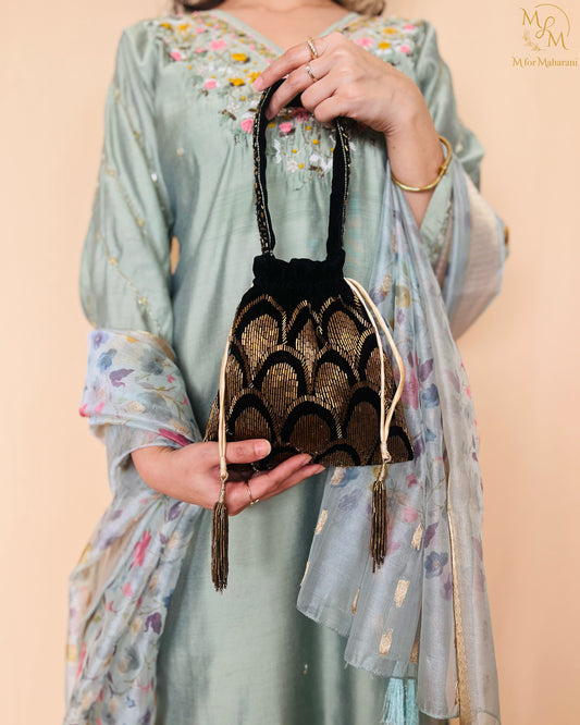 Midnight Glow- Velvet Potli Bag- Black Embroidered