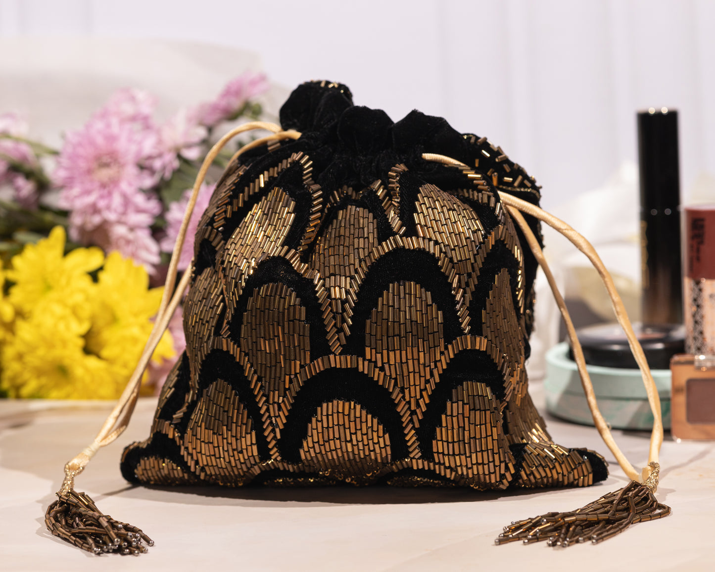 Midnight Glow- Velvet Potli Bag- Black Embroidered
