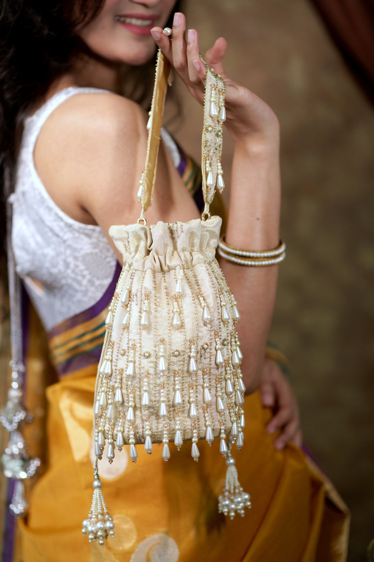 Ivory Pearl Drop Crystal-Embellished Bucket Bag