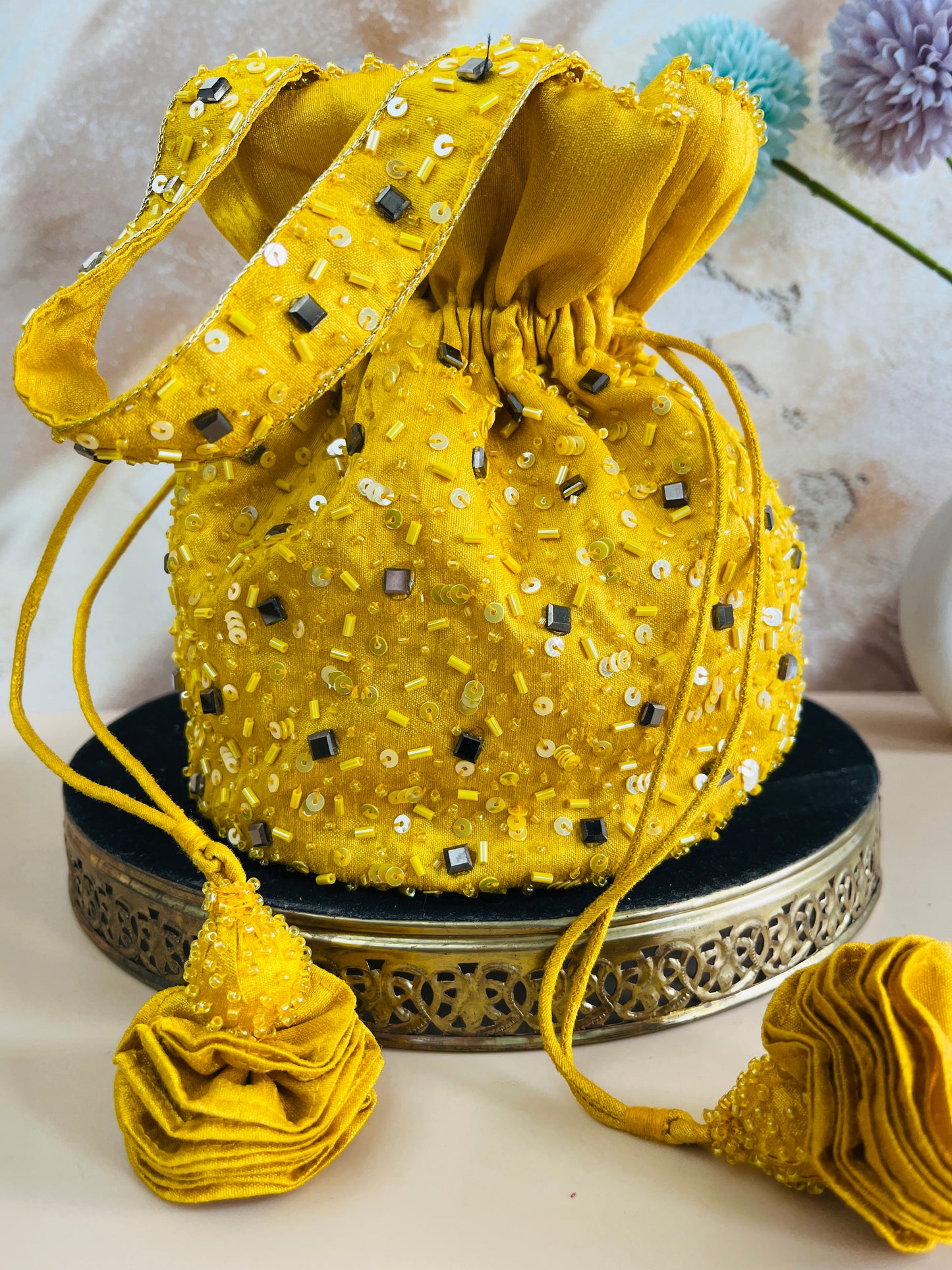 Malini Sequin Bucket Bag- Yellow Colour