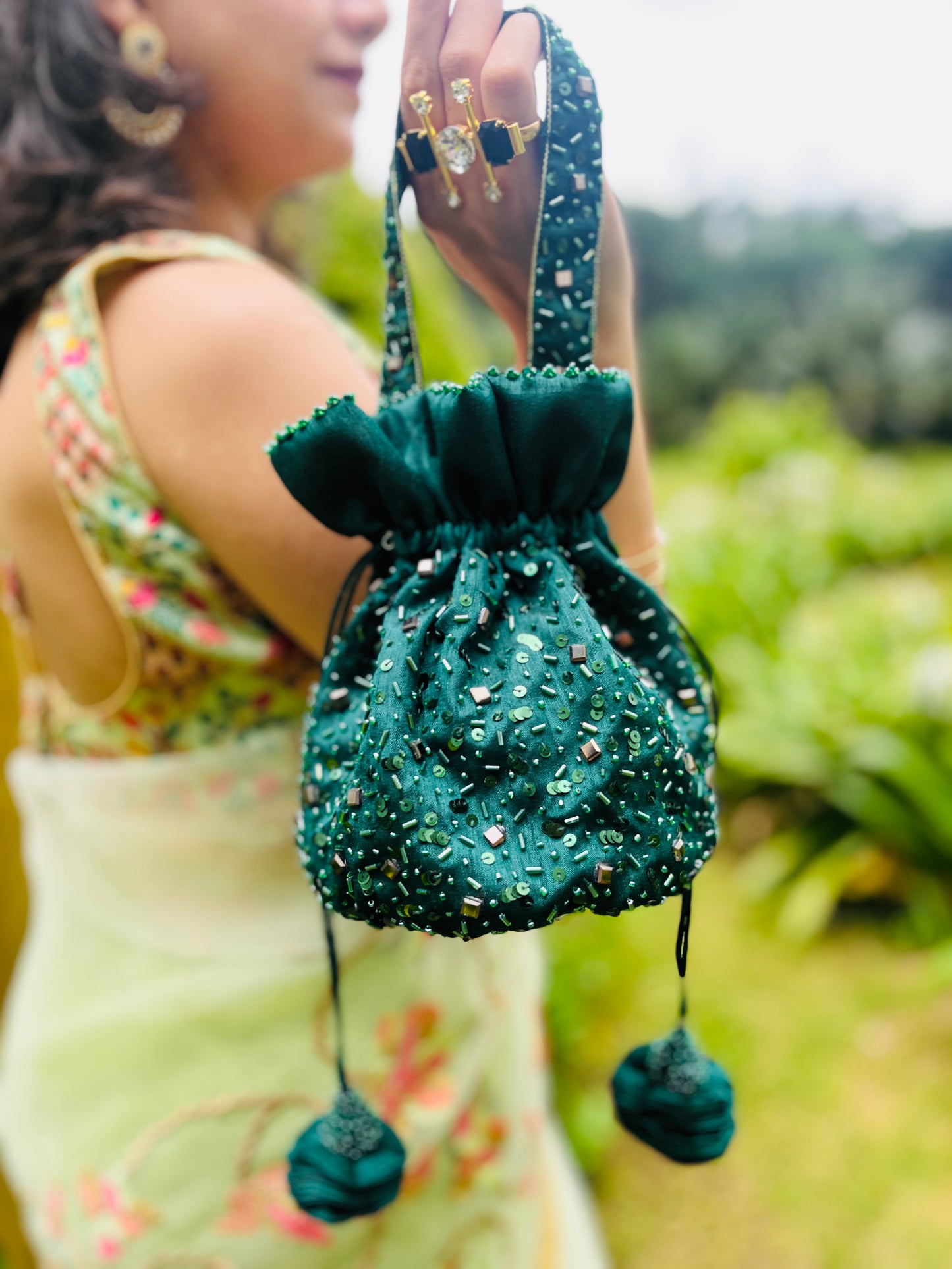 Malini Sequin Bucket Bag- Green Colour