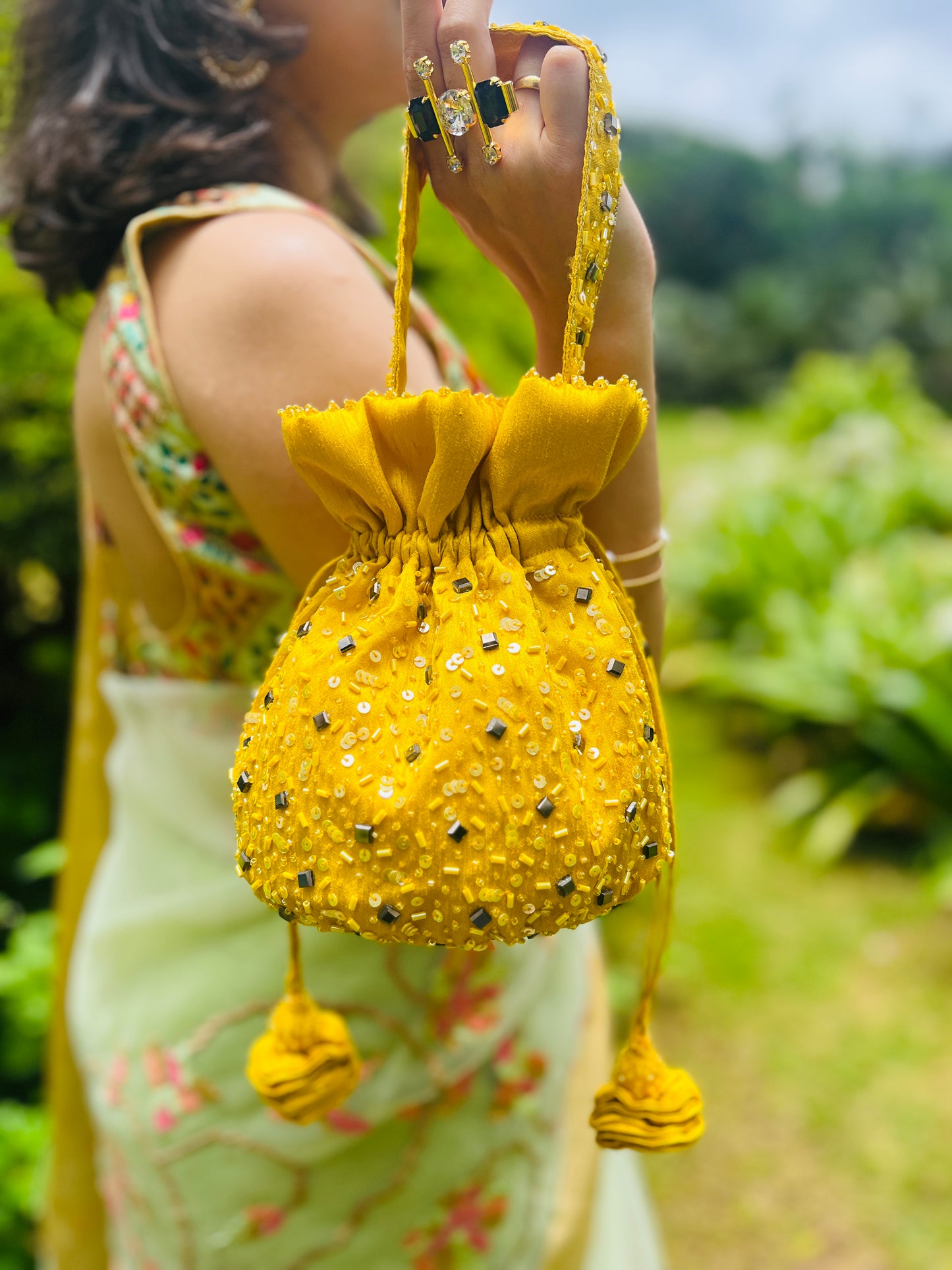 Malini Sequin Bucket Bag- Yellow Colour