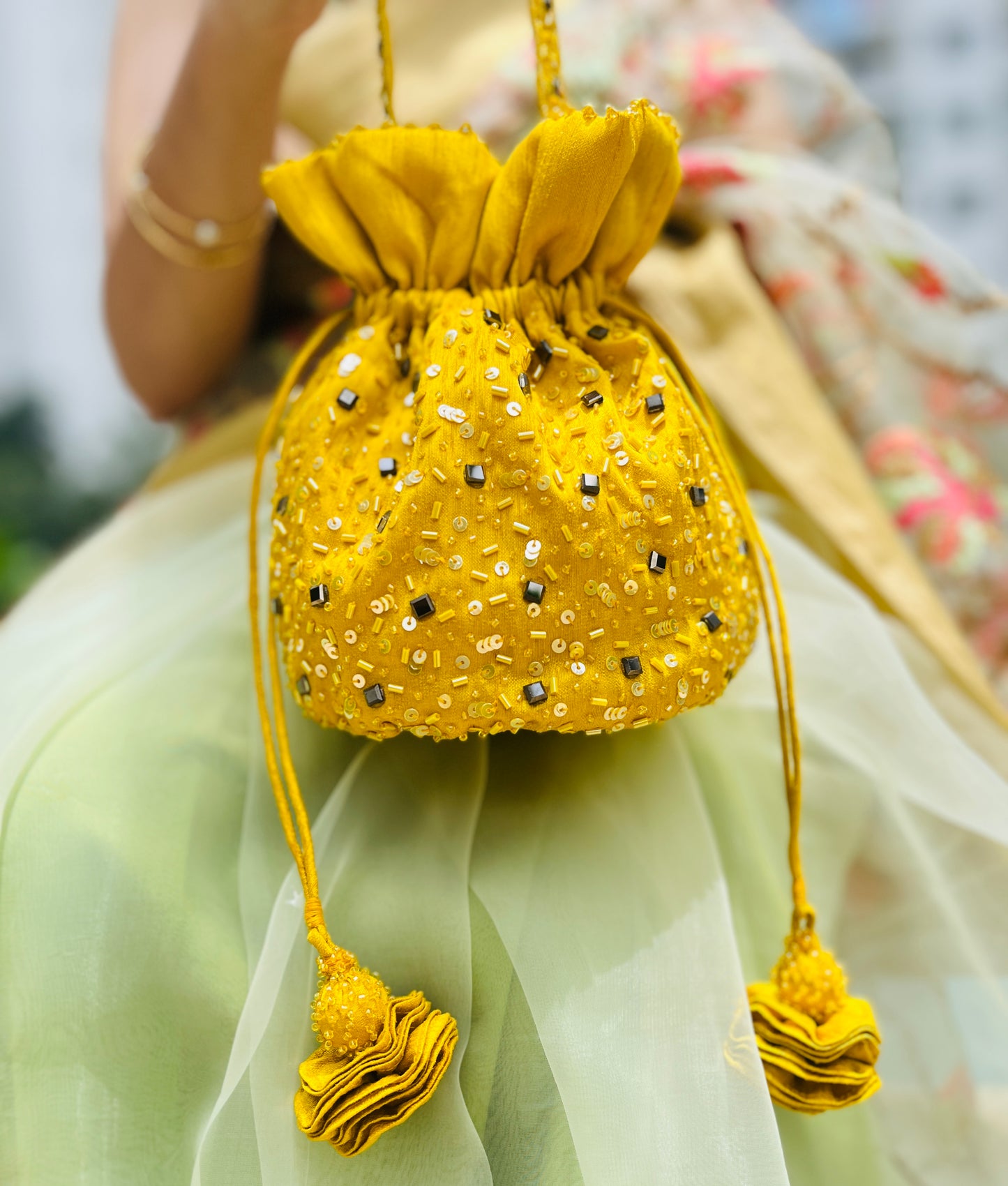 Malini Sequin Bucket Bag- Yellow Colour