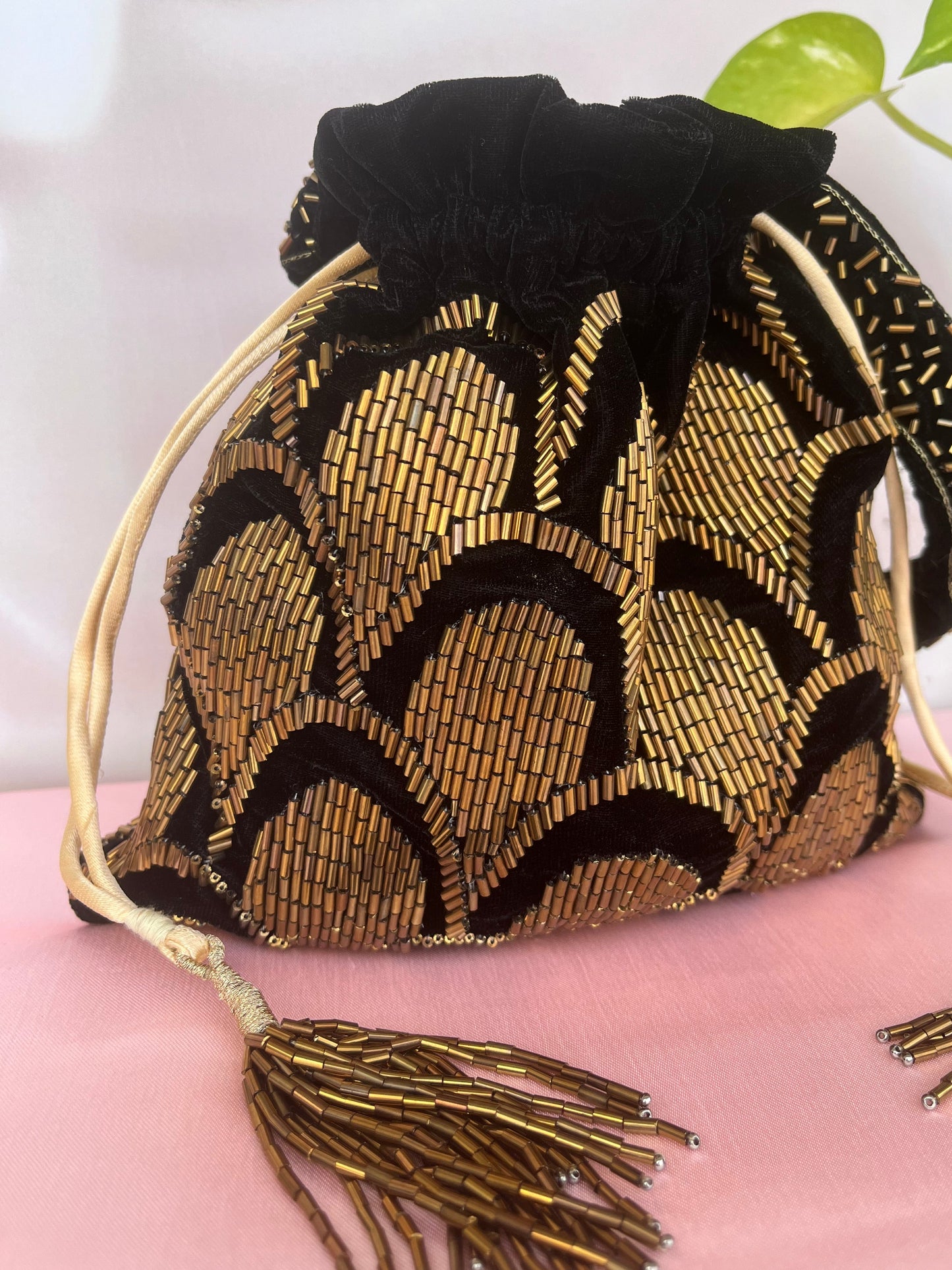 Midnight Glow- Velvet Potli Bag- Black Embroidered