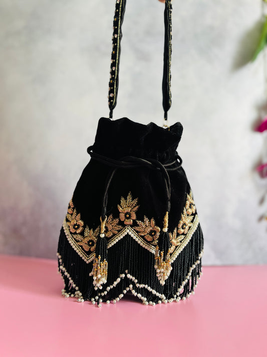 Zarina Zardozi Work Black Velvet Potli Bag
