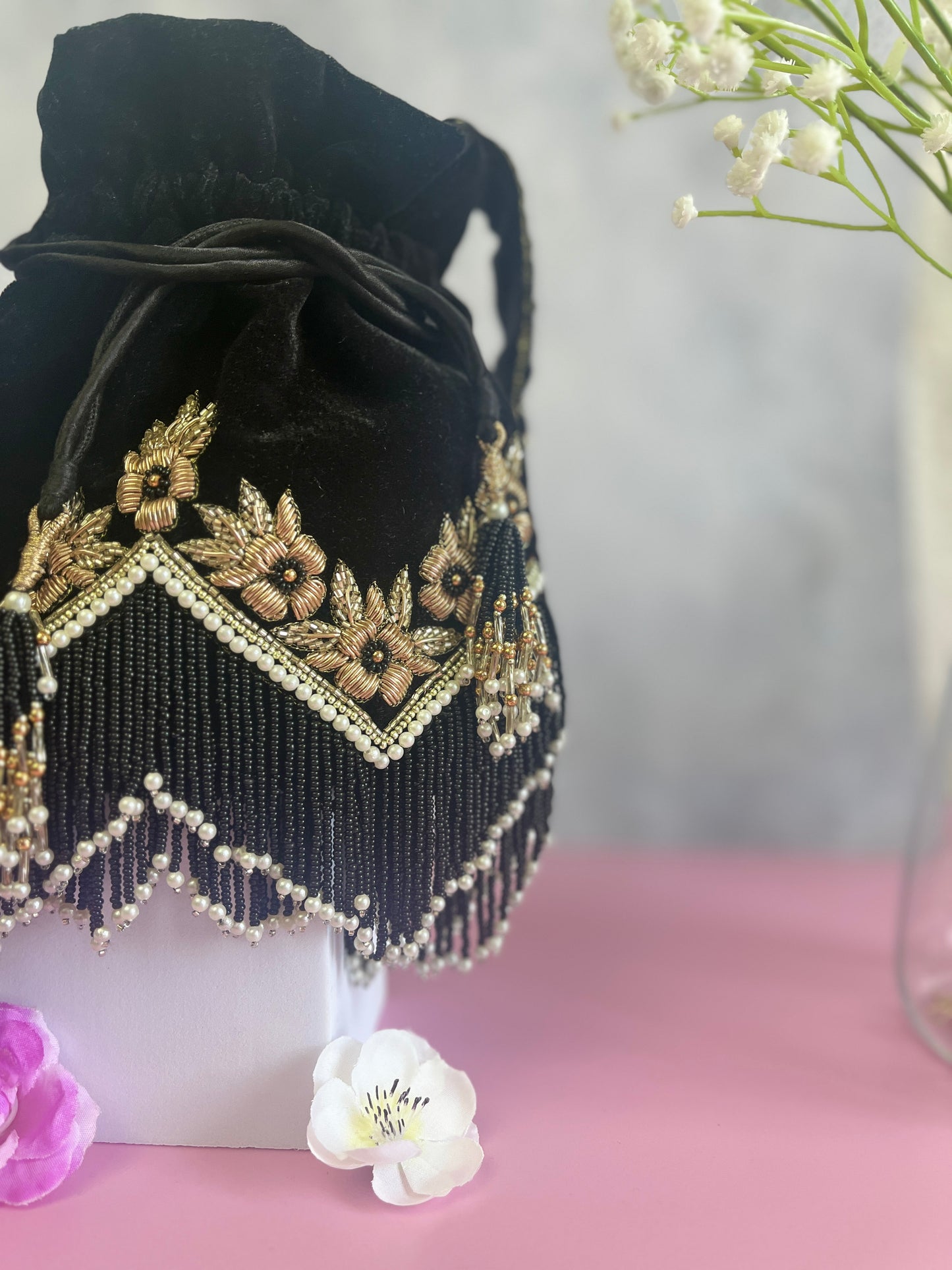 Zarina Zardozi Work Black Velvet Potli Bag