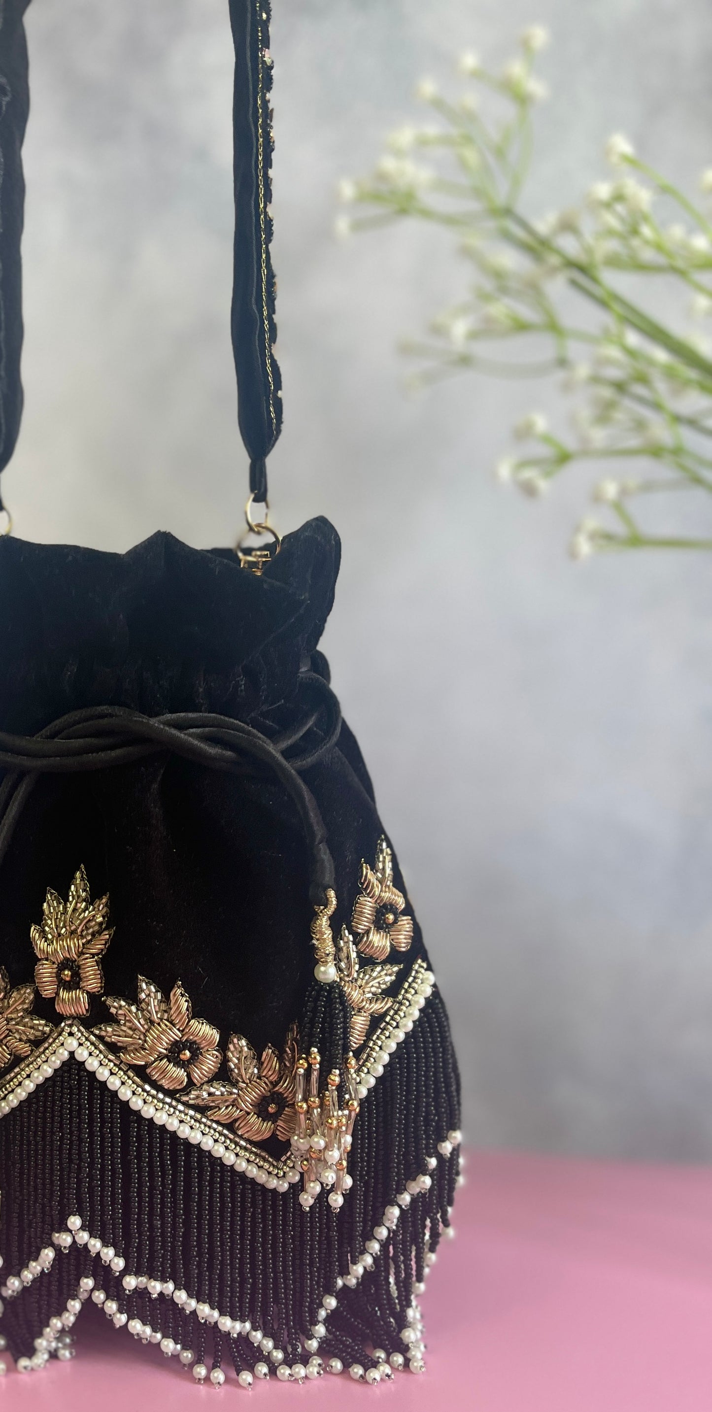 Zarina Zardozi Work Black Velvet Potli Bag