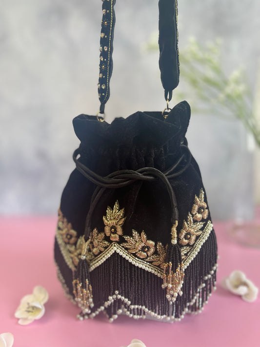 Zarina Zardozi Work Black Velvet Potli Bag