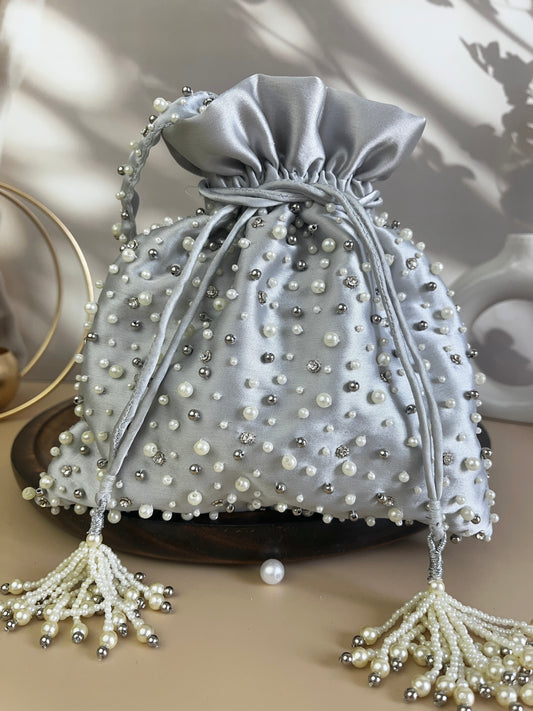 Mukta Silver Pearl Potli Bag