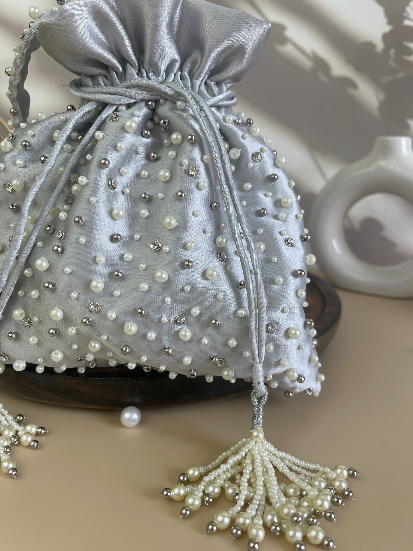 Mukta Silver Pearl Potli Bag
