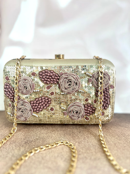 Inara Embroidered Gold Clutch