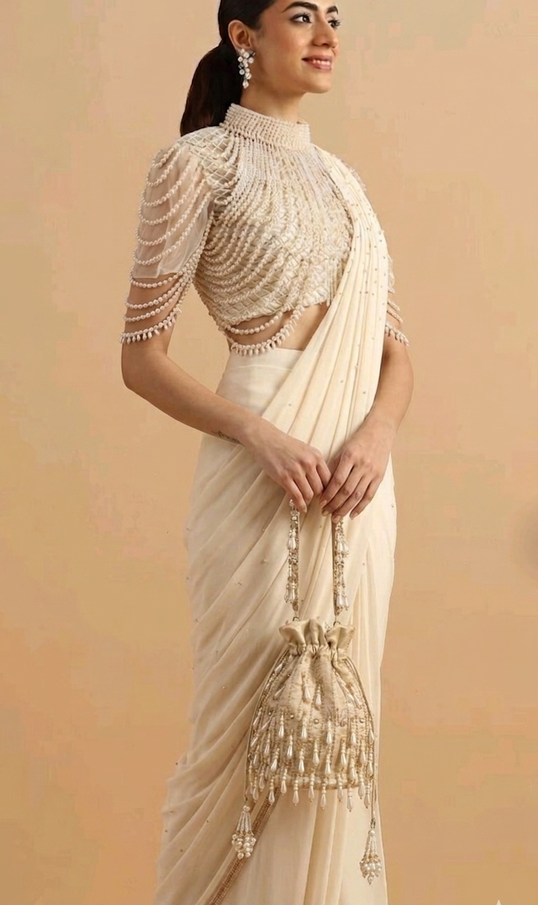 Ivory Pearl Drop Crystal-Embellished Bucket Bag