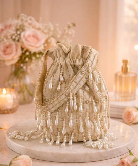 Ivory Pearl Drop Crystal-Embellished Bucket Bag